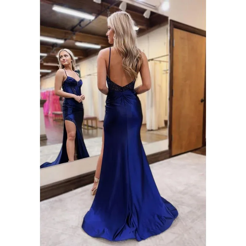 Chic & Charming Spaghetti Straps Open Back Sheath Side Slit Party Prom Dress