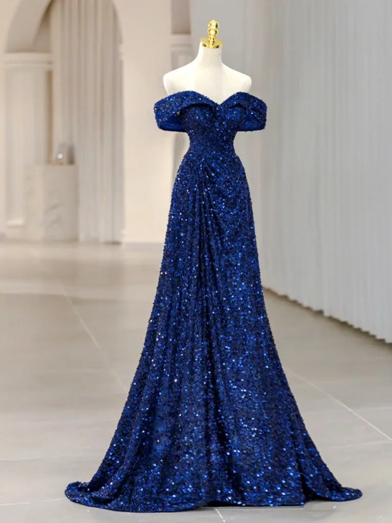 Classic A-line Off the Shoulder Blue Sequins Prom Dress