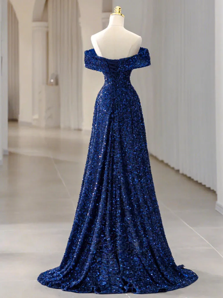 Classic A-line Off the Shoulder Blue Sequins Prom Dress