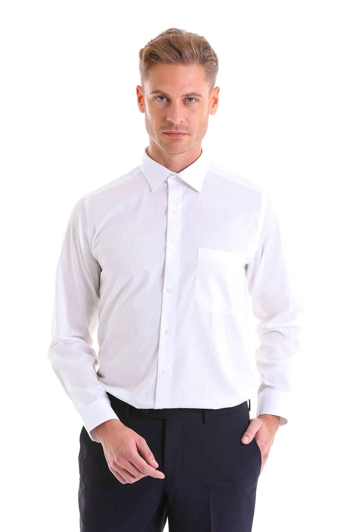 Classic Fit Long Sleeve Patterned Cotton Dress Shirt, White D.