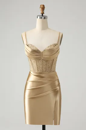 Classy Gold Bodycon Corset Short Homecoming Dress with Lace Up Back