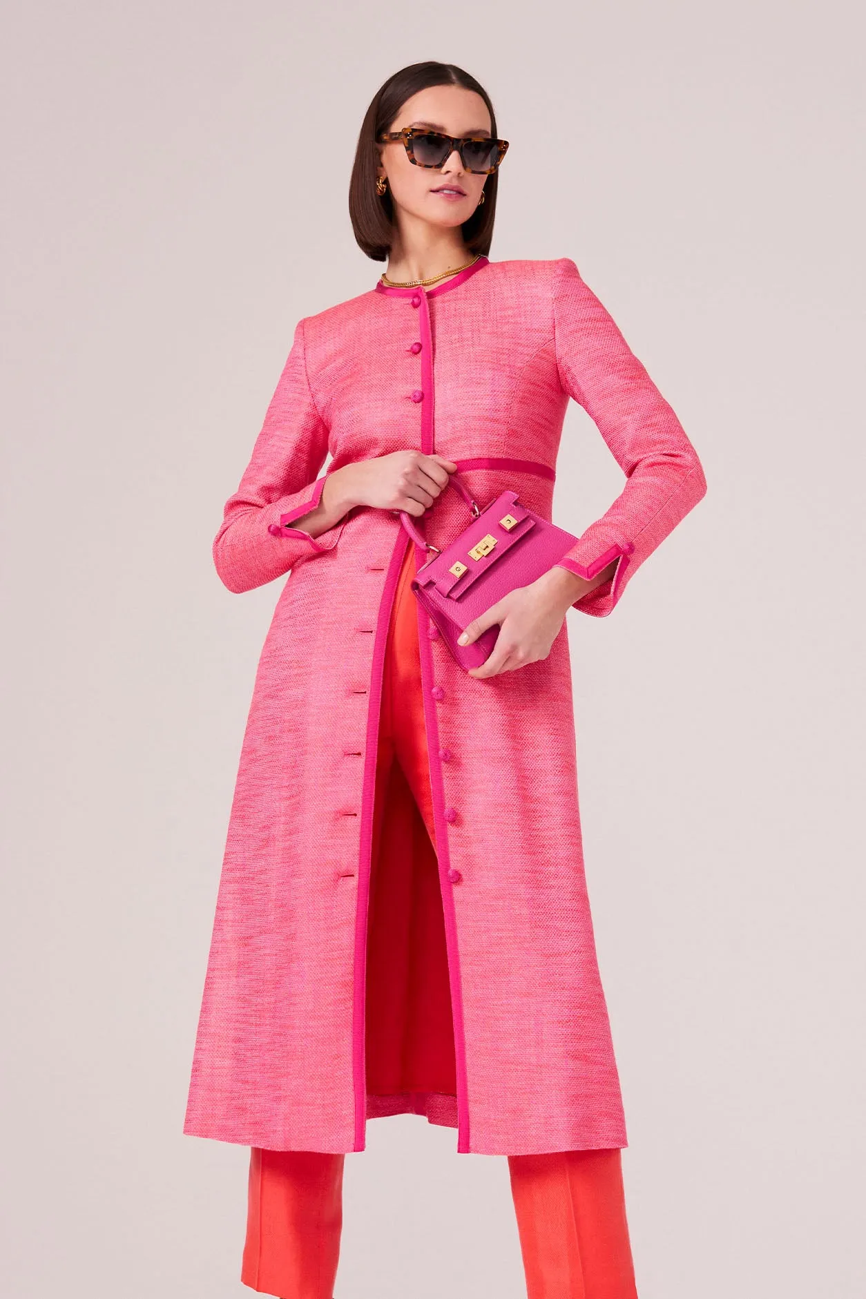 Coat-Dress in Pink/Orange Tweed with Pink Trim - Sienna