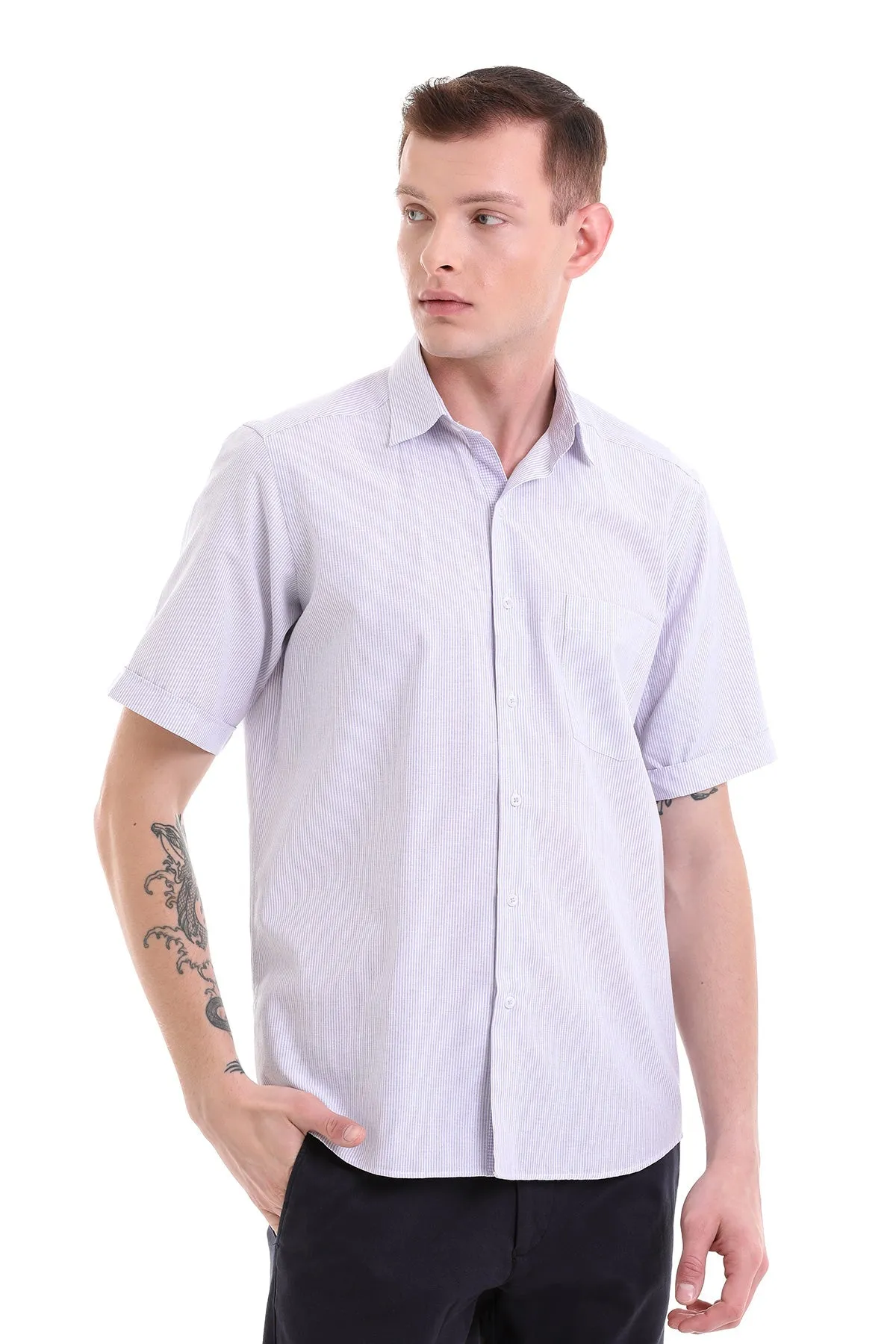 Comfort Fit Striped Cotton Blend Lilac Dress Shirt