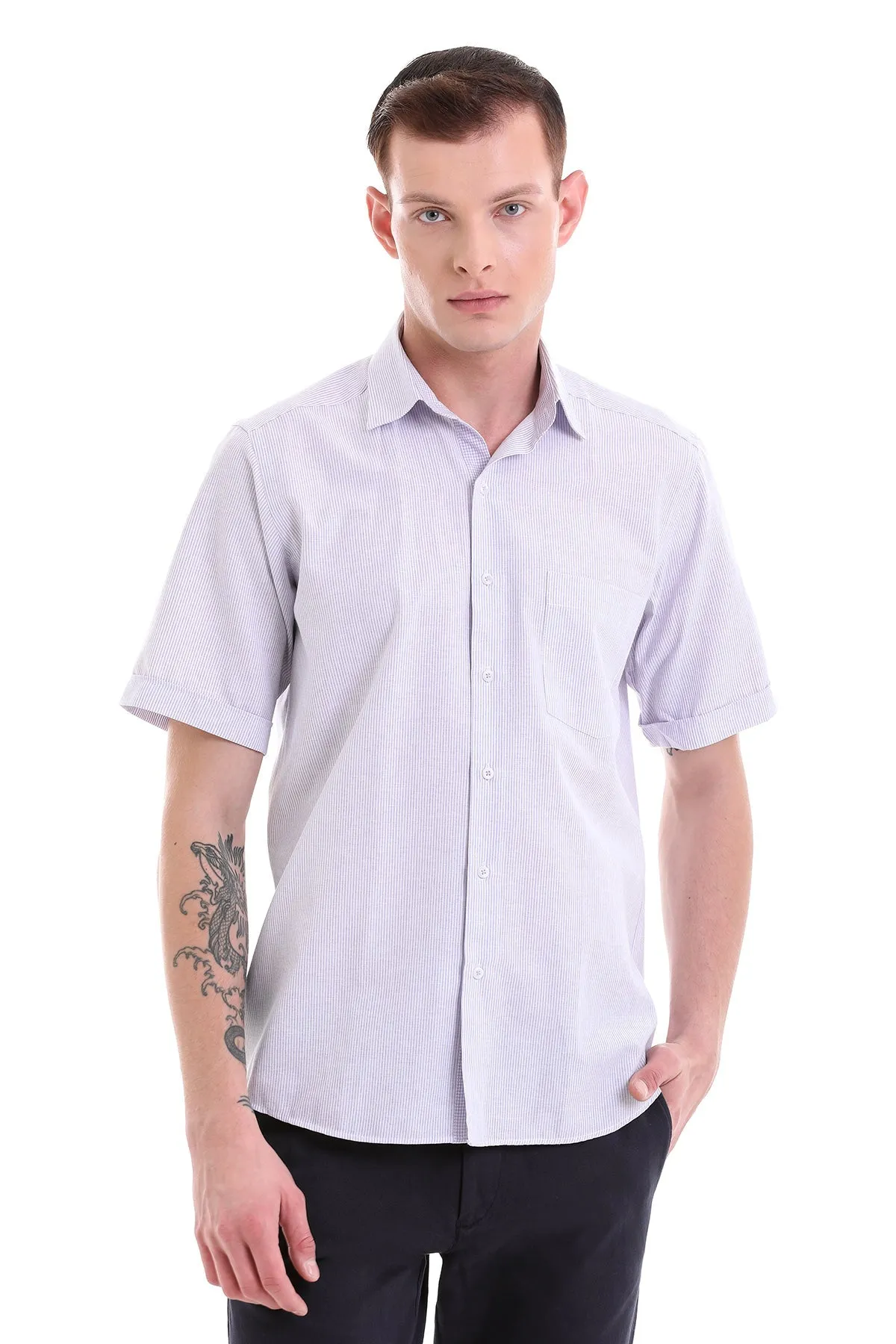 Comfort Fit Striped Cotton Blend Lilac Dress Shirt