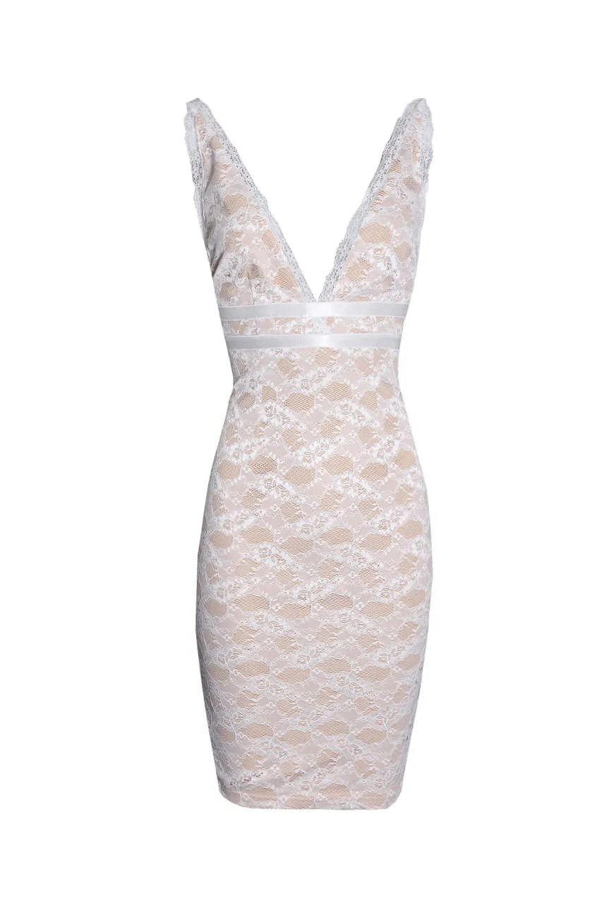 Cream Lace V Neckline Bodycon Dress