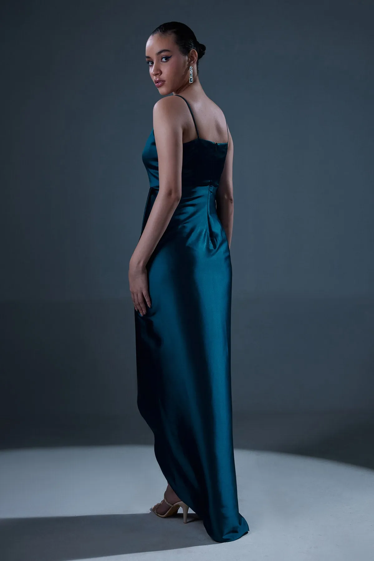 Crystal Teal Drape Gown With Cape