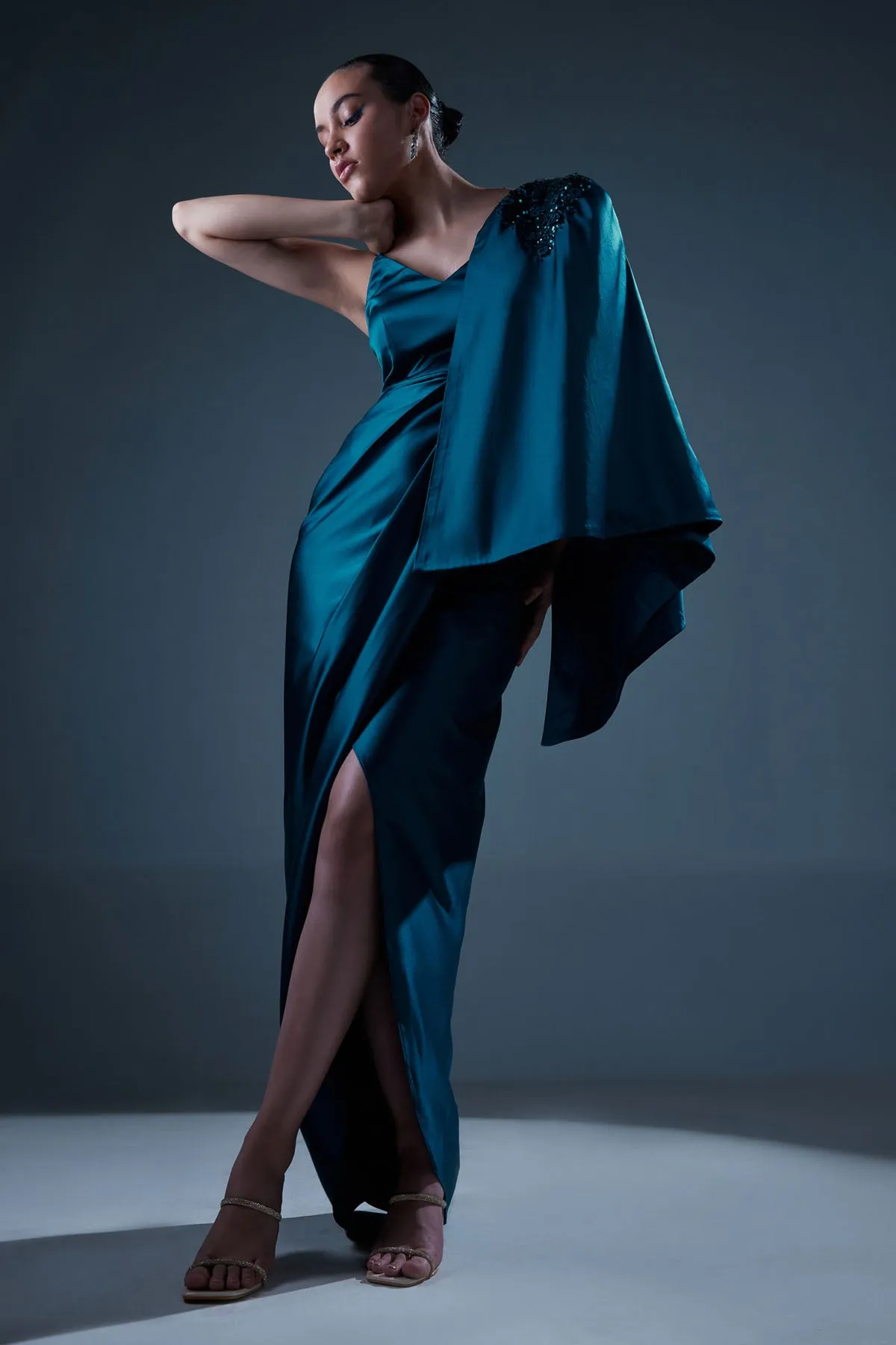 Crystal Teal Drape Gown With Cape