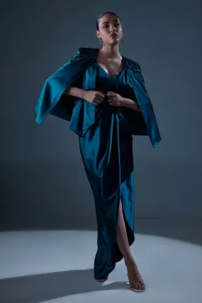 Crystal Teal Drape Gown With Cape