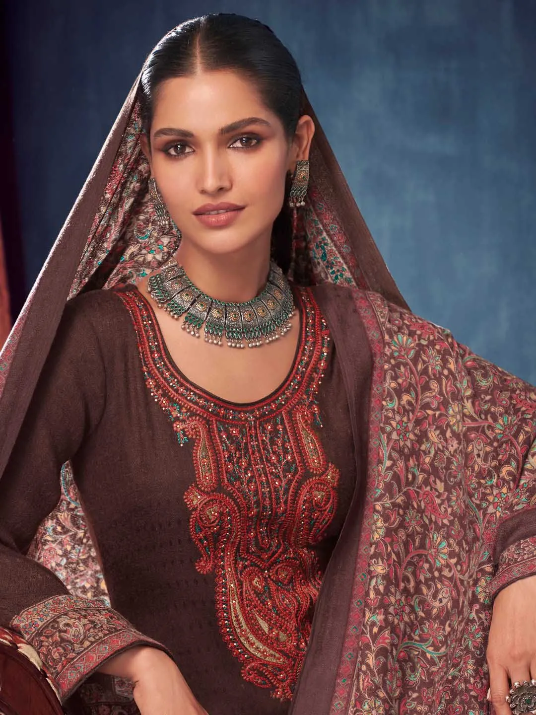 Dark Brown Pashmina Twill Embroidered Unstitched Winter Suits