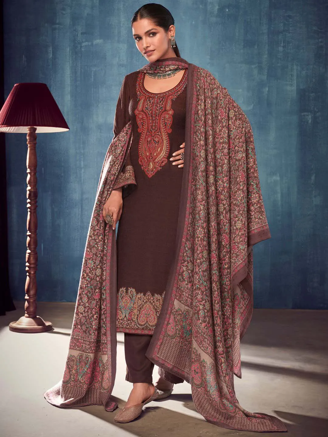 Dark Brown Pashmina Twill Embroidered Unstitched Winter Suits