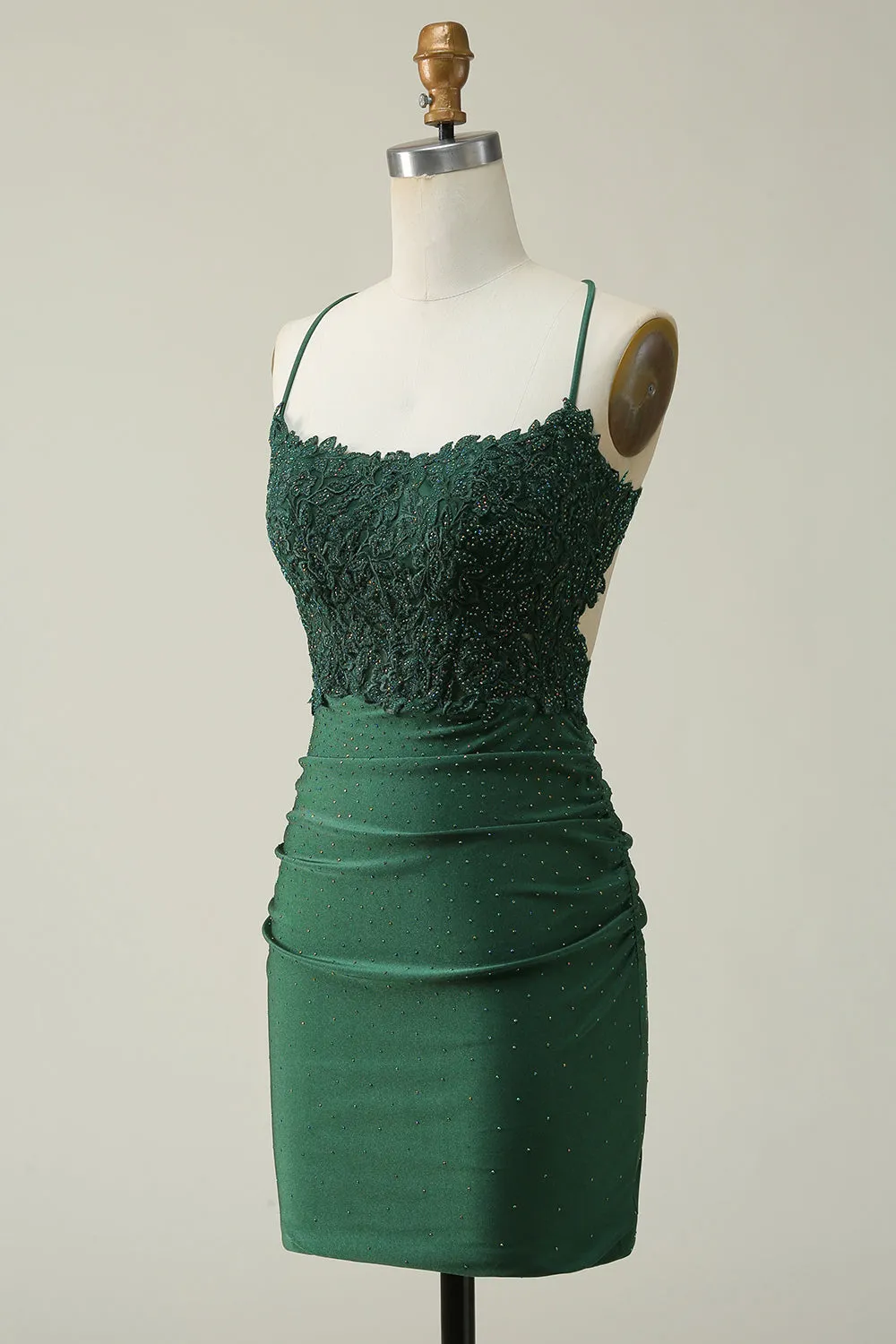 Dark Green Sheath Spaghetti Straps Homecoming Dress with Appliques