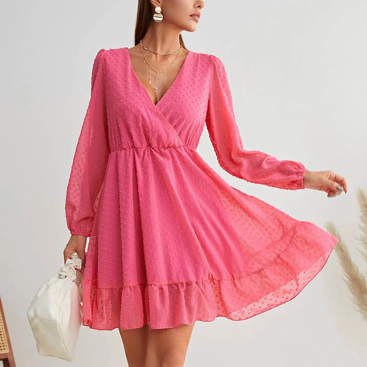 DEEP V LANTERN SLEEVE RUFFLED DRESS_CWDSD3950