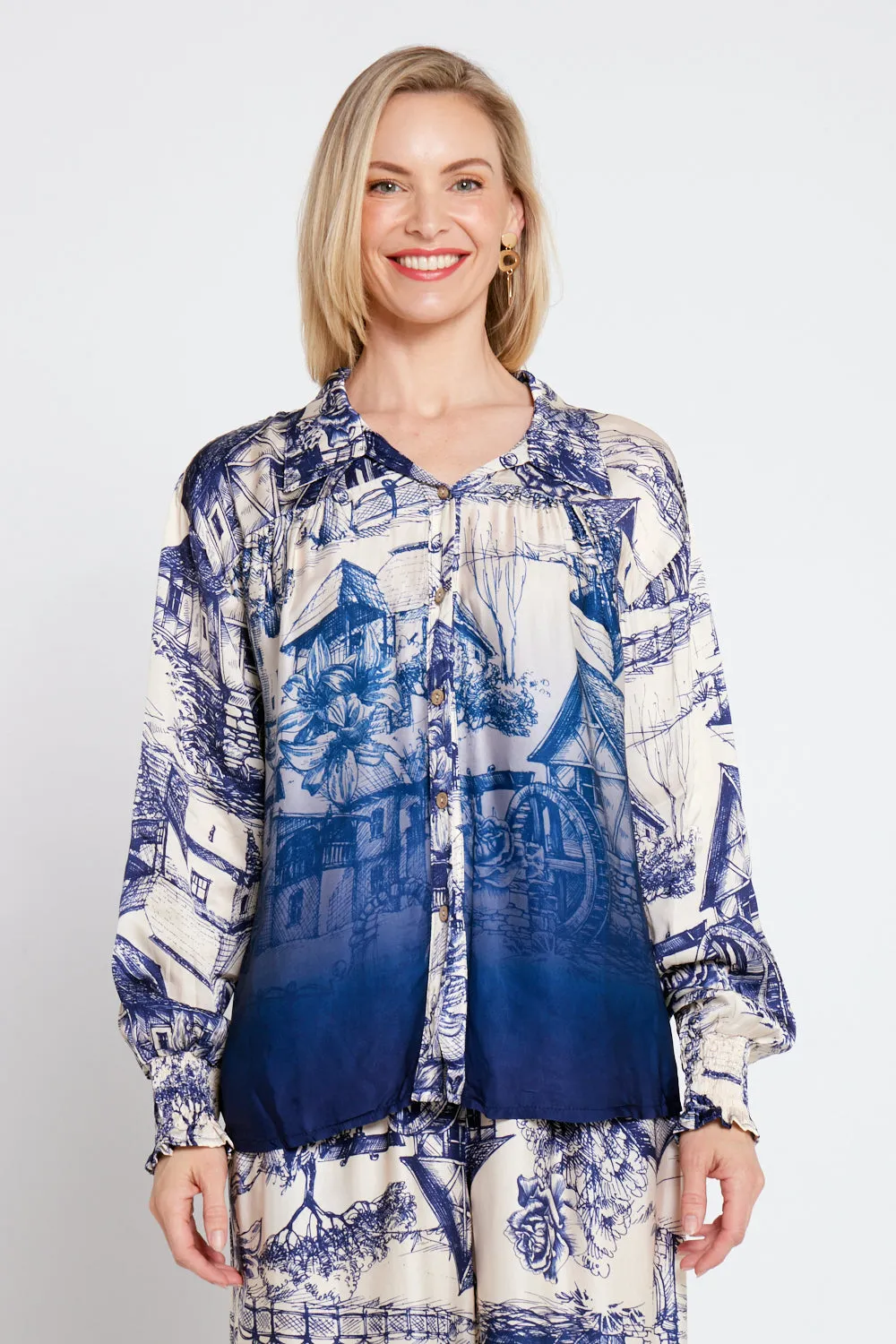 Dimitra Satin Shirt - Navy/Cream