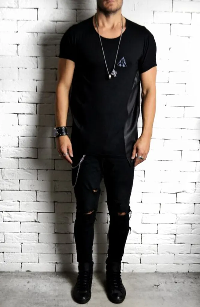 Directional Leather Embossed Panel T-Shirt - Black