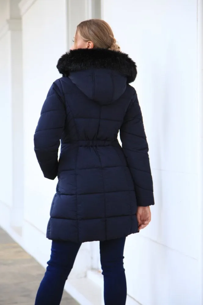 Double Second Navy Long Puffer With Fur Collar