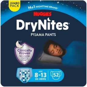 DryNites, Boys’ Pyjama Pants, Sizes 8-13 Years (52 Pants) - Discrete Night Time Pants - Maximum Protection to Manage Child and Teen Bed Wetting