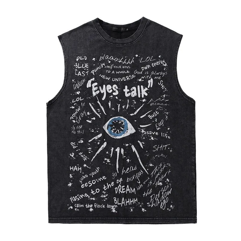 Dust Gray Sleeveless Eye Print Psychedelic T-Shirt