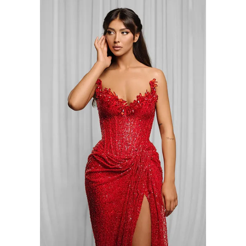 Elegant & Luxurious V-Neck Sleeveless Sequins Side Slit Sheath Evening Party Prom Dress