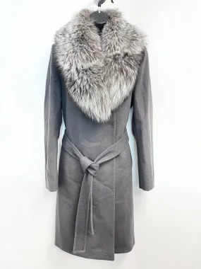 Elie Tahari Grey Women’s Wrap Coat with Genuine Fox Fur Trim M