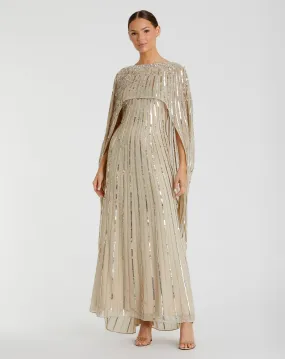 Embellished Beaded Column Cape Gown