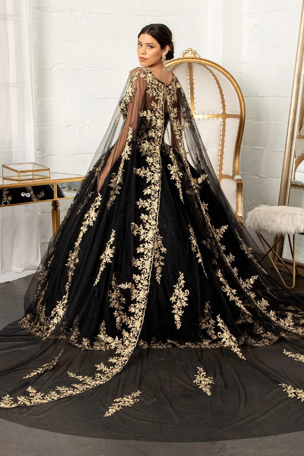 Embroidered Cape Ball Gown by Elizabeth K GL3016