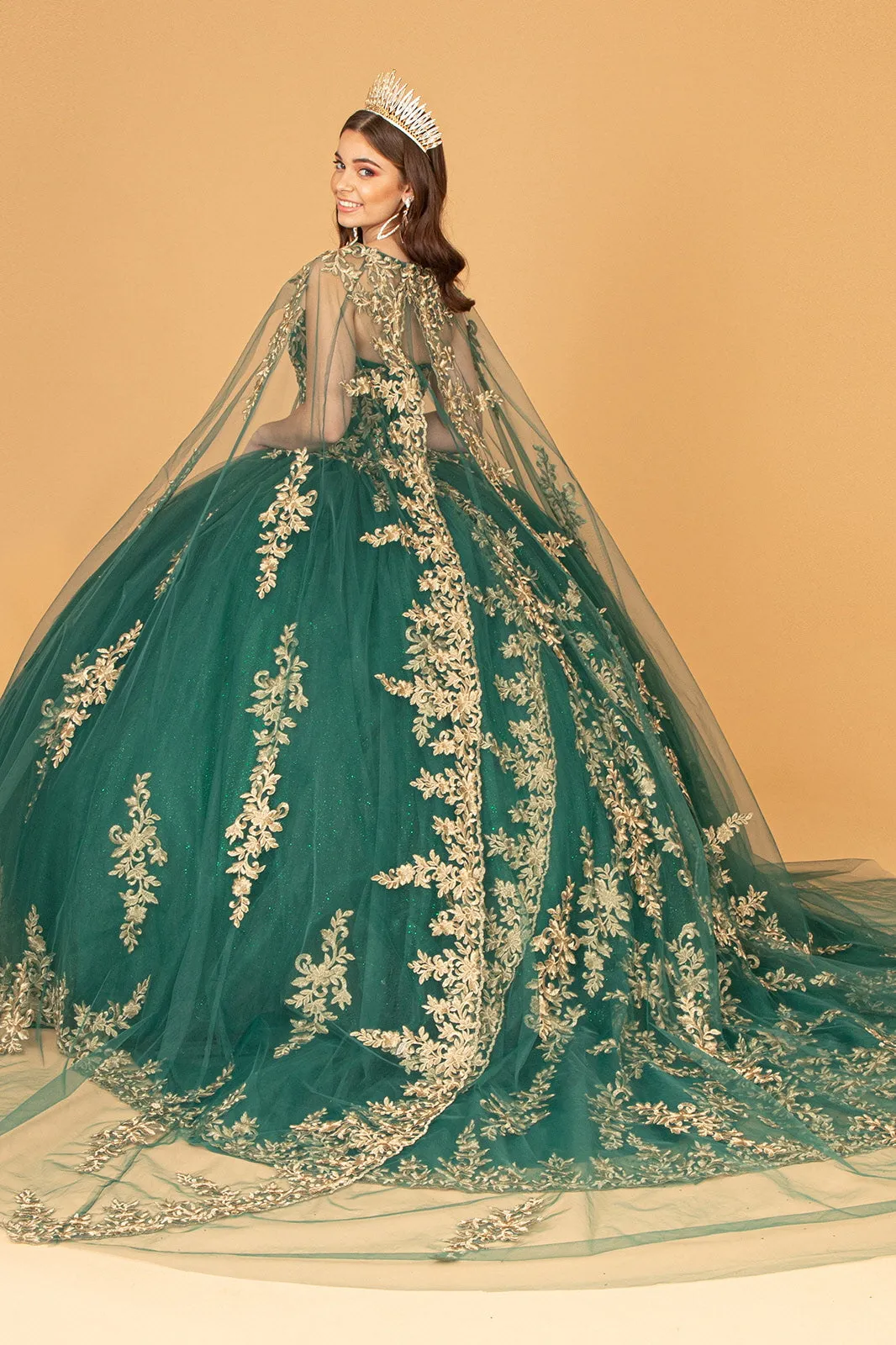 Embroidered Cape Ball Gown by Elizabeth K GL3016