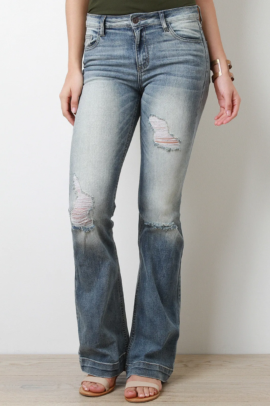 Faded Distressed Flared Jeans