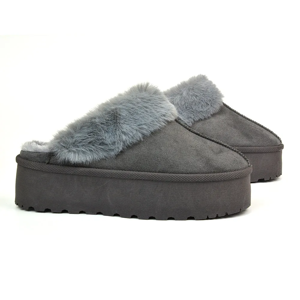 Faith Slip On Faux Fur Slippers with Platform Sole in Black