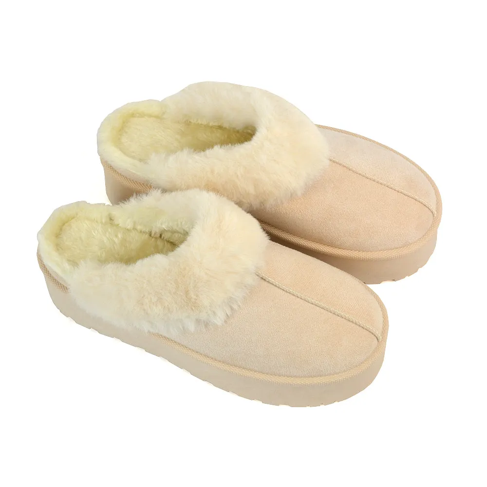 Faith Slip On Faux Fur Slippers with Platform Sole in Black