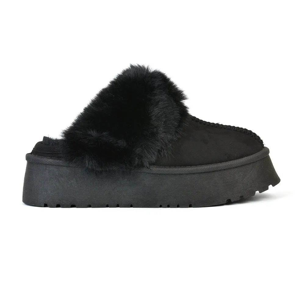 Faith Slip On Faux Fur Slippers with Platform Sole in Black