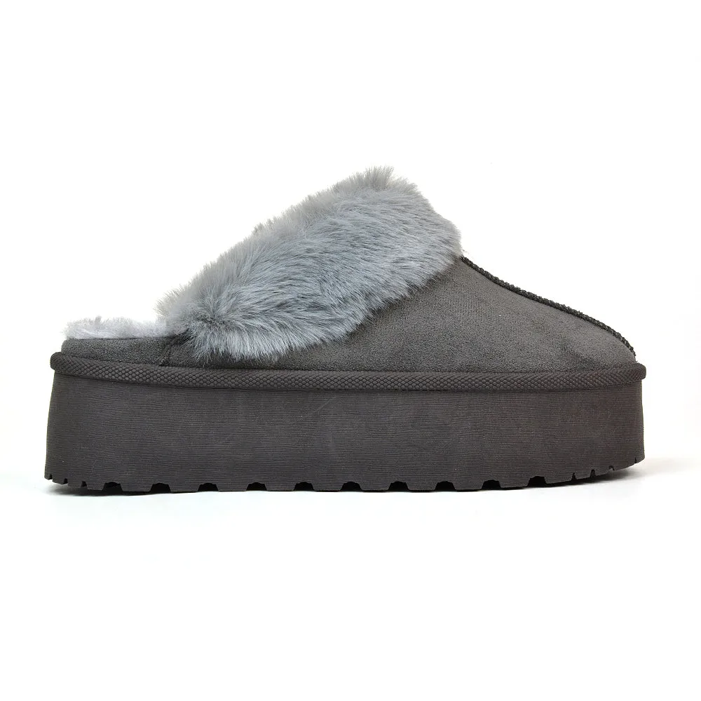 Faith Slip On Faux Fur Slippers with Platform Sole in Black