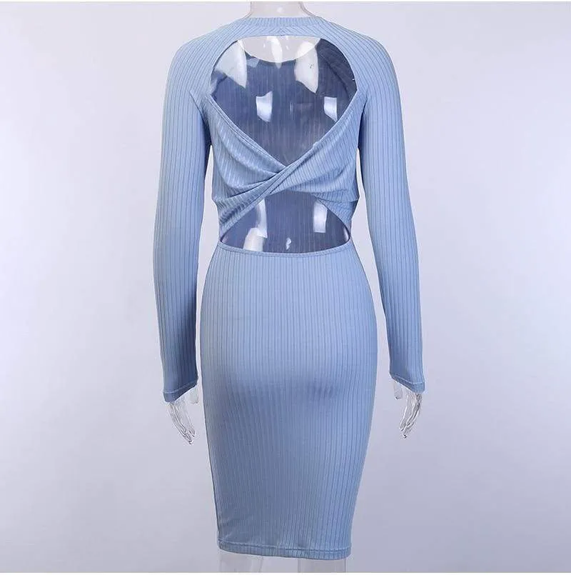 FashionSierra - Fashion Women Sexy Formal Bodycon Midi Dress Elegant Long Sleeve Hollow out Solid Autumn Ladies Dresses Party Club Clubwear