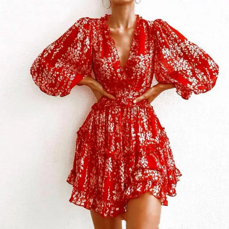 FashionSierra - V-neck backless dress printed Elegant lantern sleeve ruffle dresses