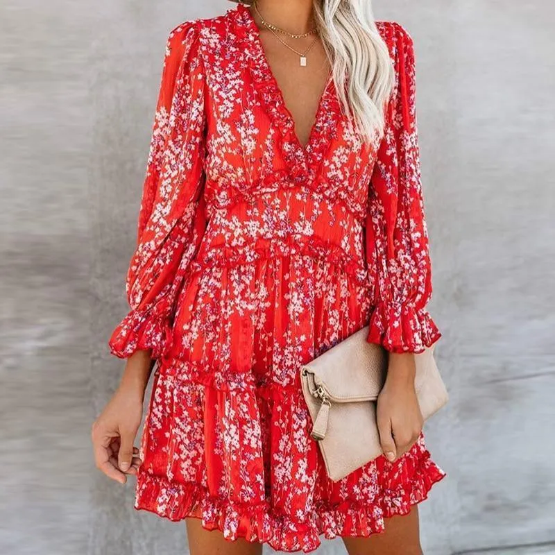 FashionSierra - V-neck backless dress printed Elegant lantern sleeve ruffle dresses