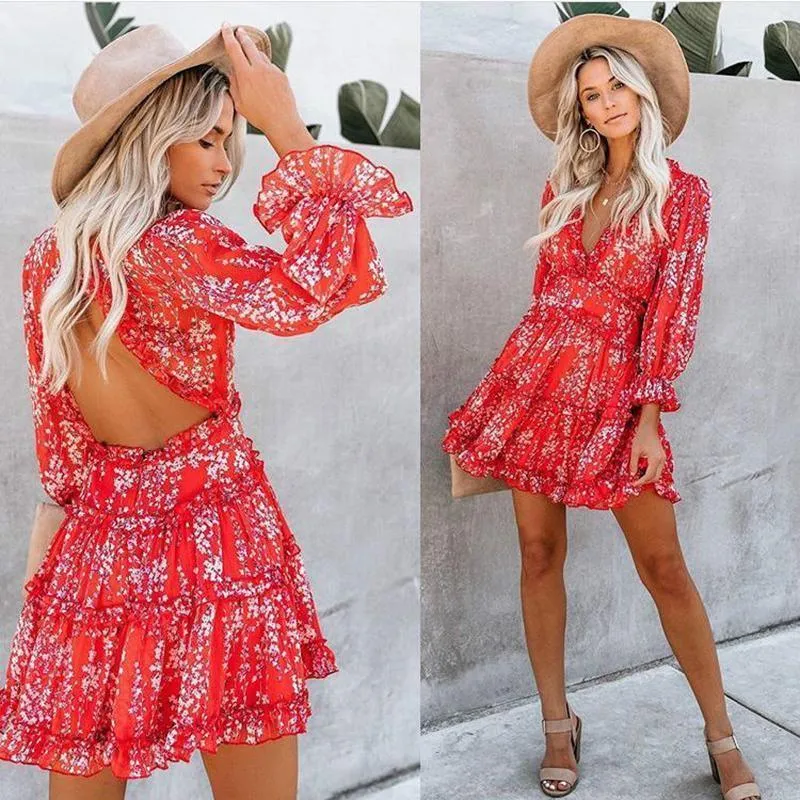 FashionSierra - V-neck backless dress printed Elegant lantern sleeve ruffle dresses