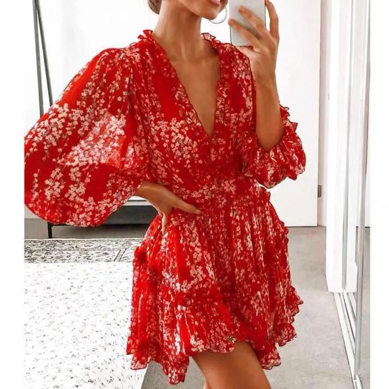 FashionSierra - V-neck backless dress printed Elegant lantern sleeve ruffle dresses