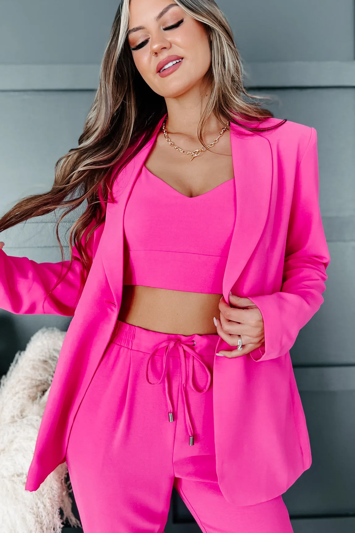 Feeling Bossy Three-Piece Blazer Set (Fuchsia)