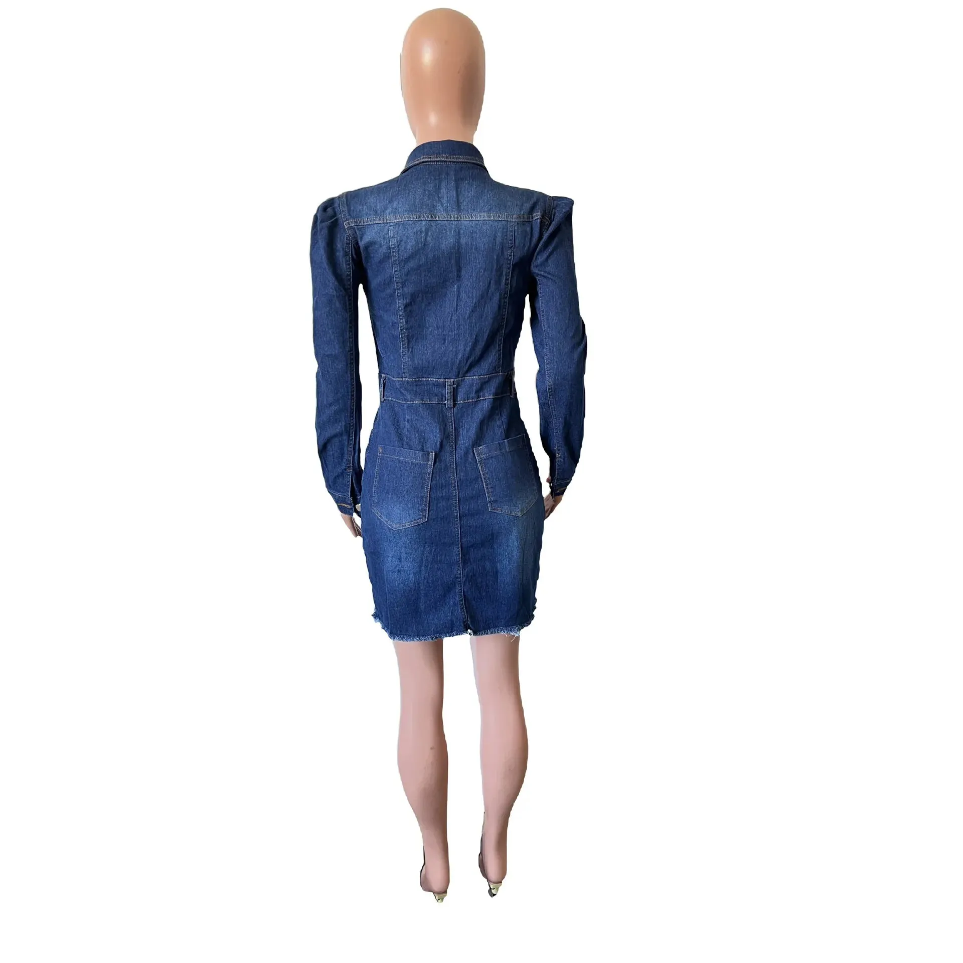 Fitted Metal Button Denim Bodycon Mini Dress with Pockets