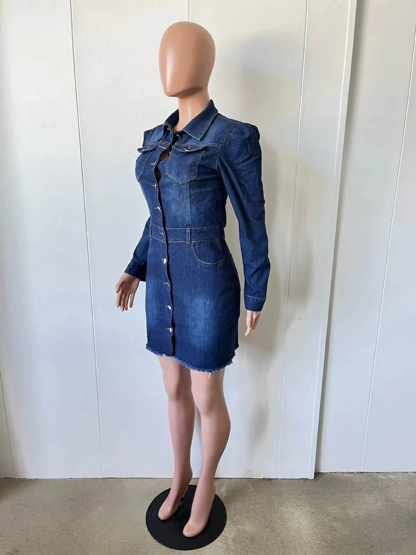 Fitted Metal Button Denim Bodycon Mini Dress with Pockets