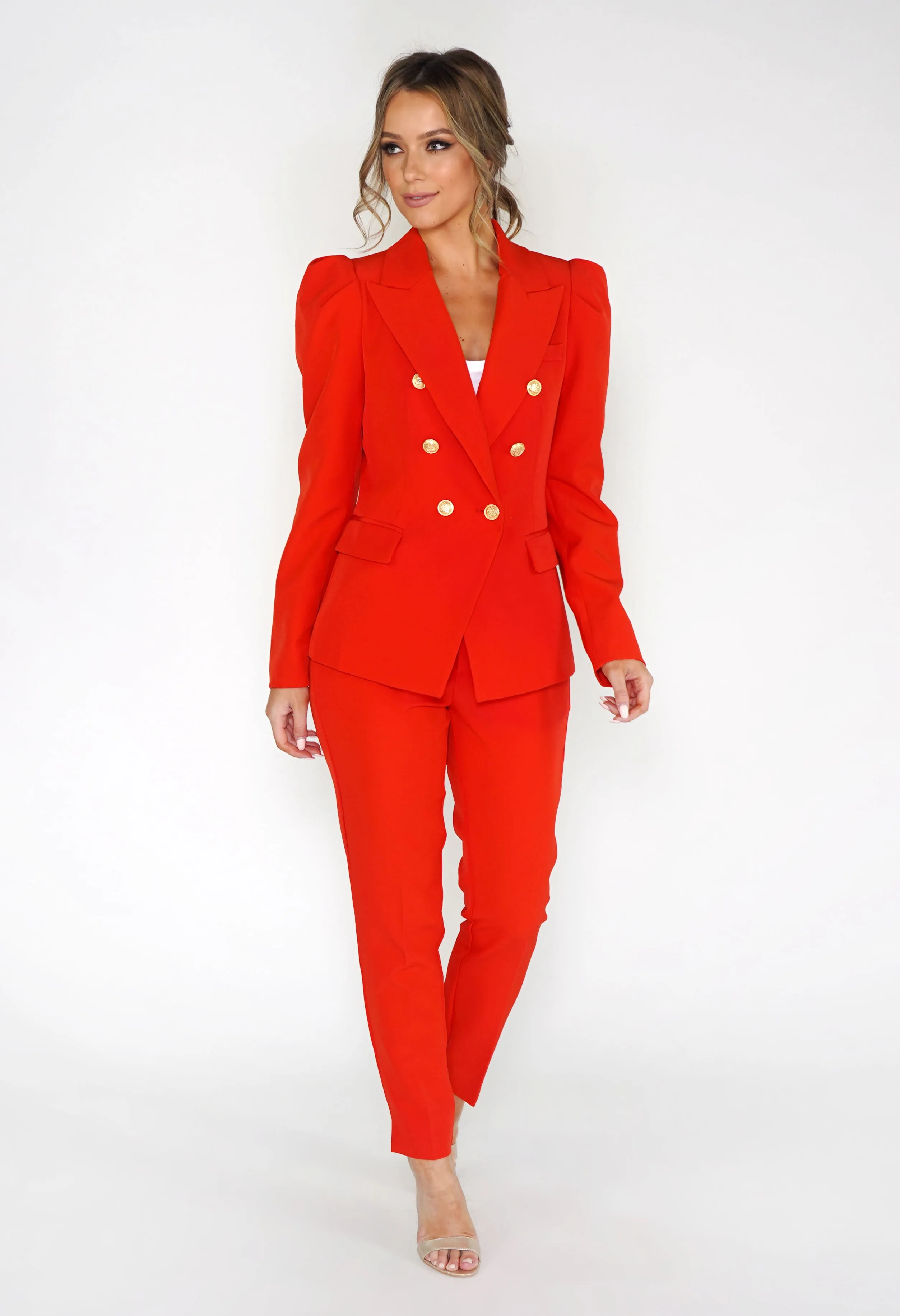 Flame Red Puff Sleeve Blazer