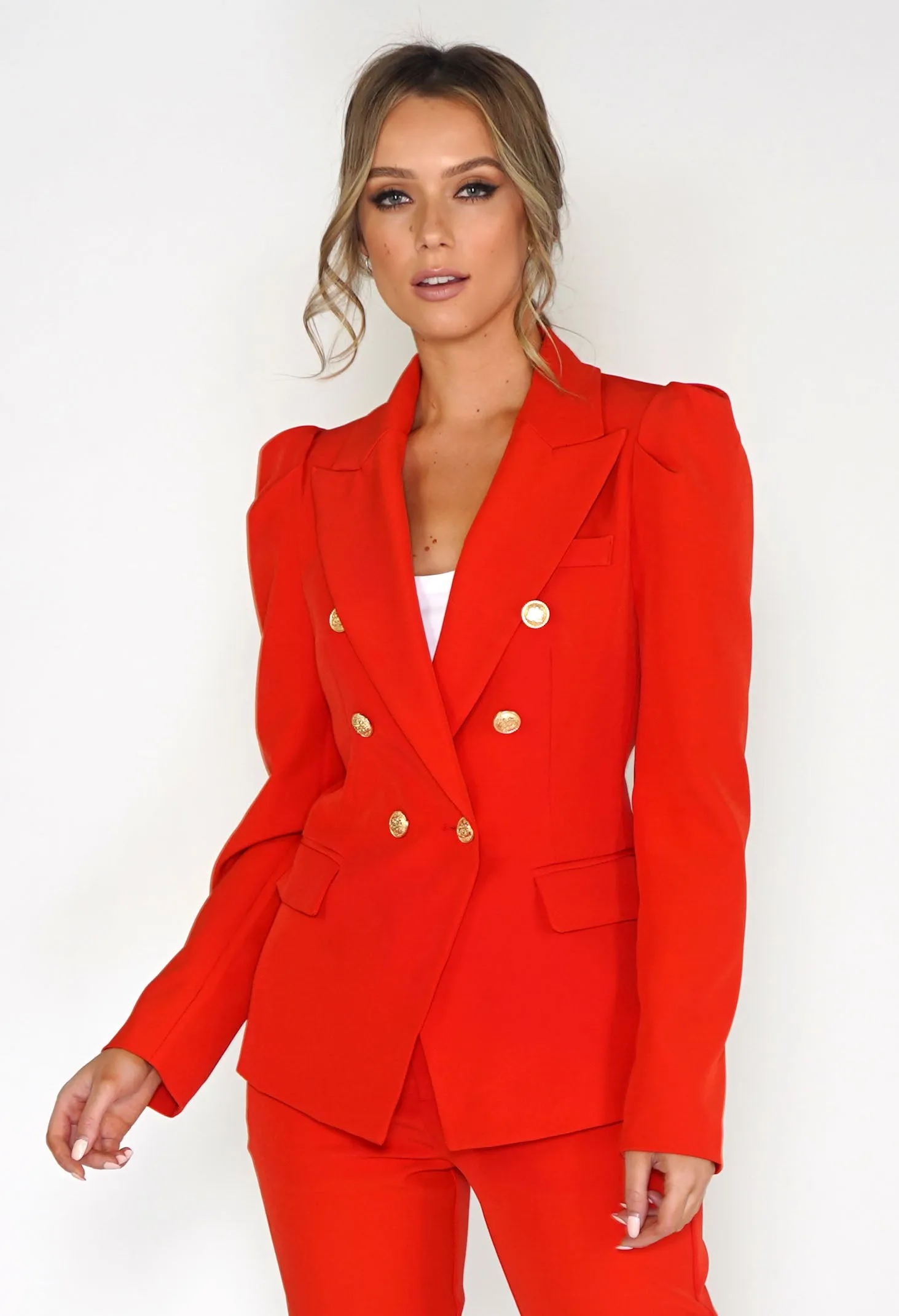 Flame Red Puff Sleeve Blazer