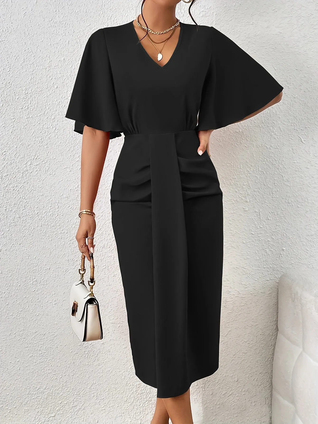 Flare Sleeve V-Neck Dress, Elegant Solid Slim Ruched Knee-Length Dress, Women's Apparel