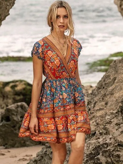 Floral Mini Boho Dress, Bohemian Summer Dress for Women