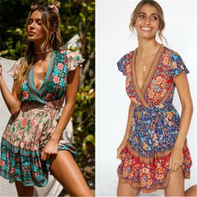 Floral Mini Boho Dress, Bohemian Summer Dress for Women