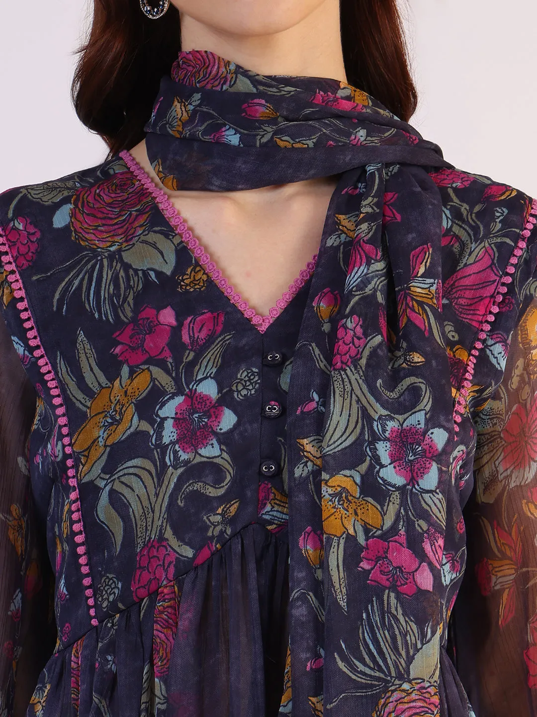 Floral Printed Flared Sheer Kota Kurta & Straight Pant with Dupatta Set