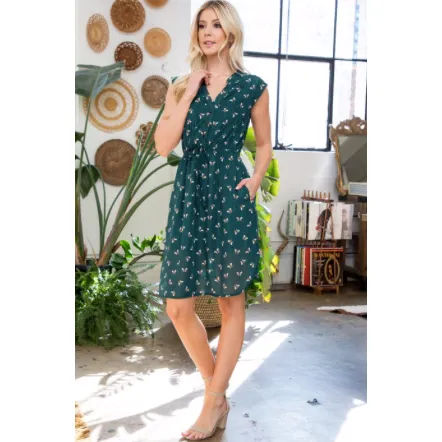 Forest Green with Bee Print Shirt Dress