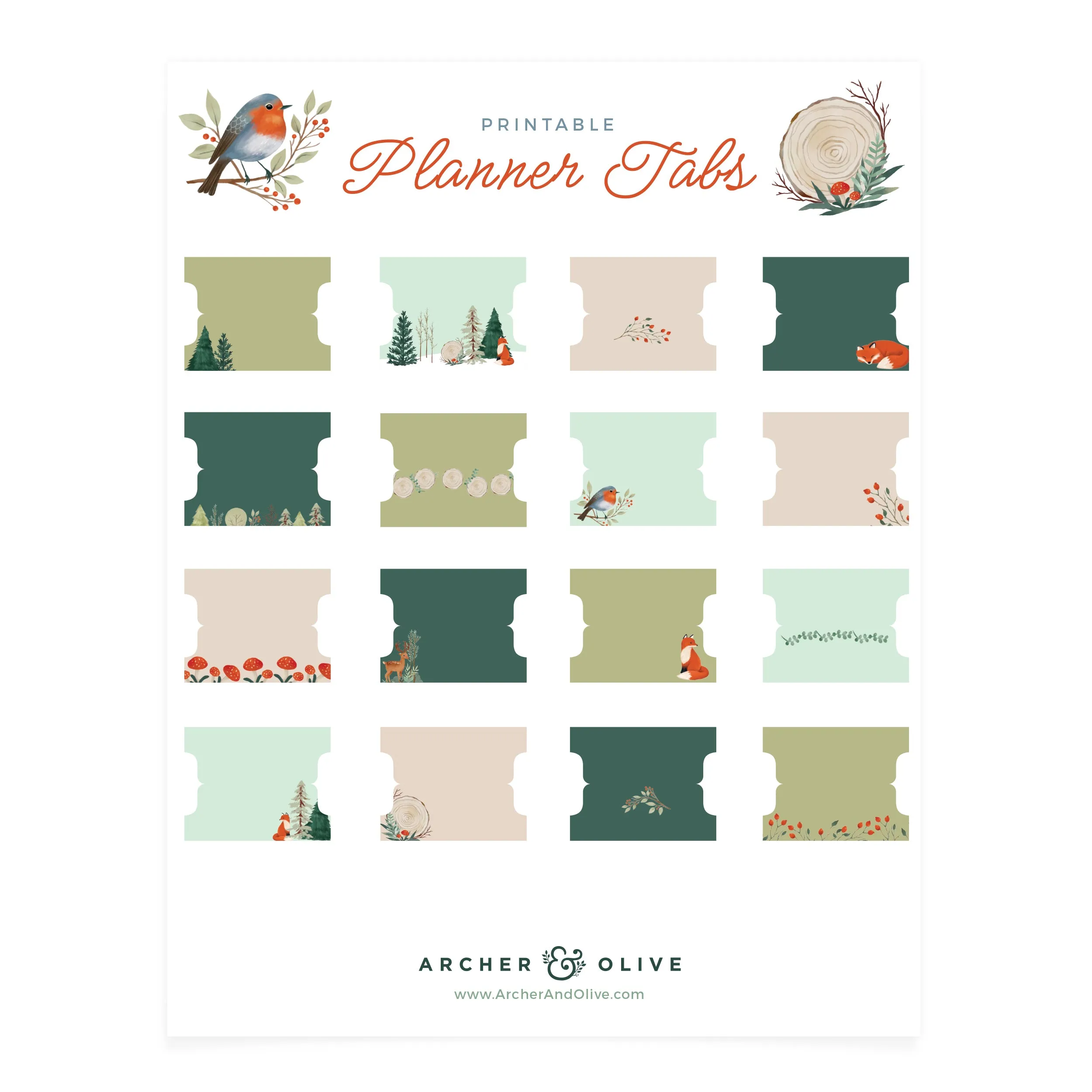 Fox in Winter Woods Printable Planner Tabs