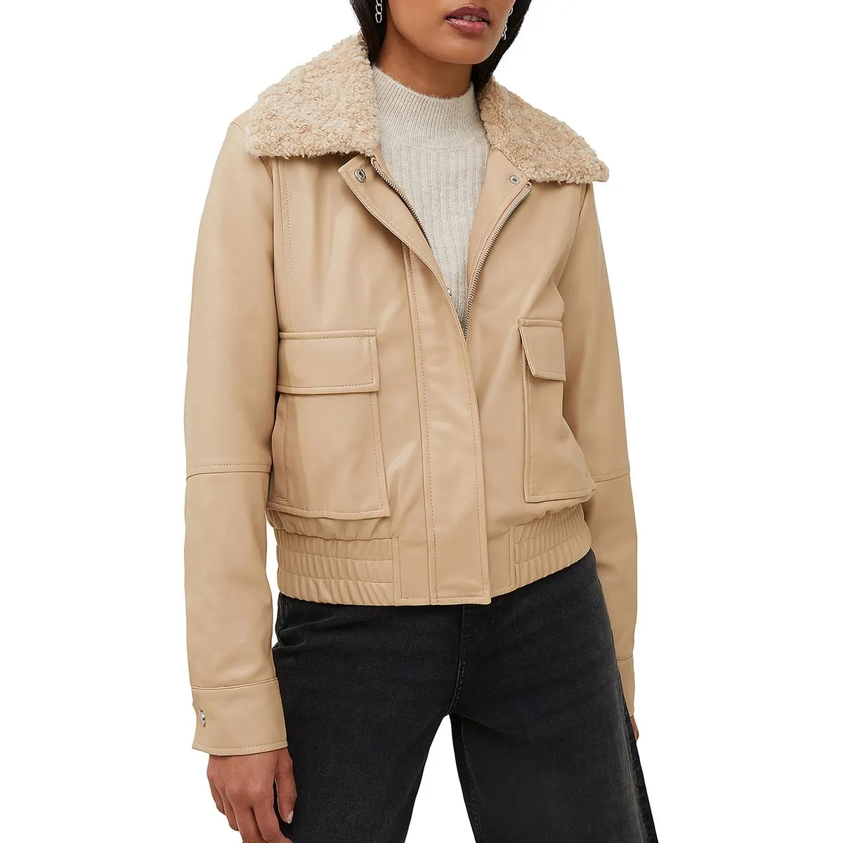 French Connection Womens Faux Leather Sherpa Trim Motorcycle Jacket