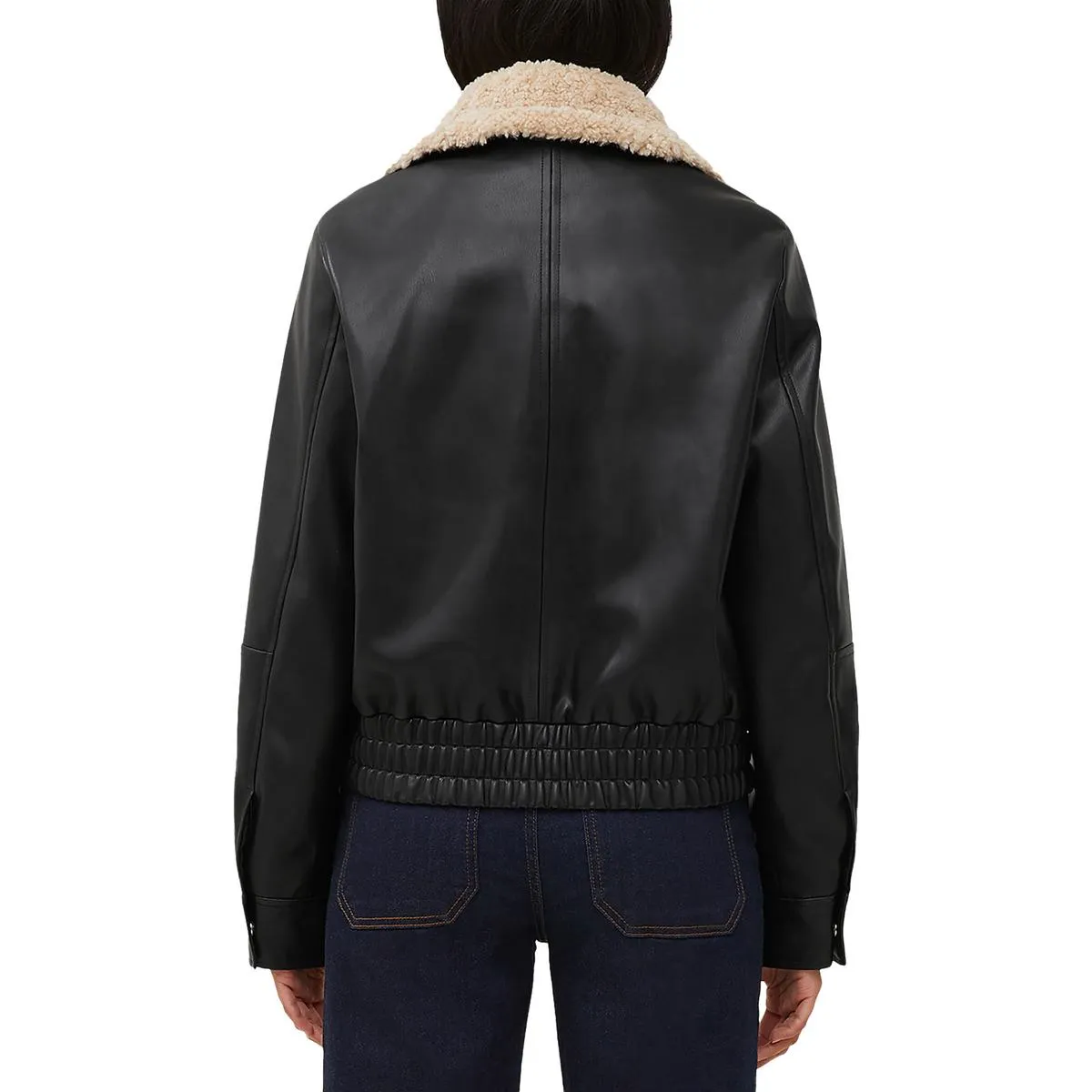 French Connection Womens Faux Leather Sherpa Trim Motorcycle Jacket