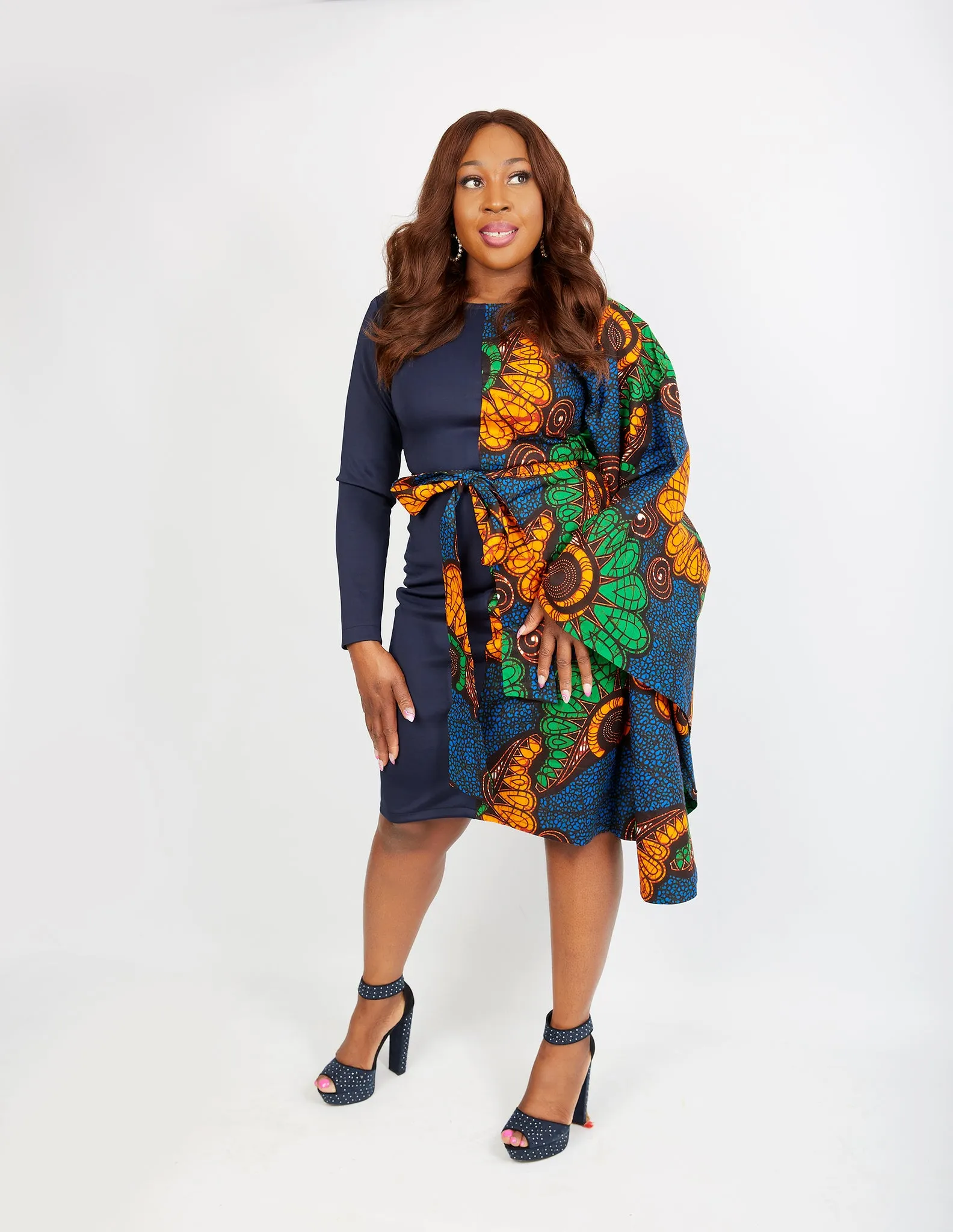 Fully Embellished Mixed Print Ankara Fitted Combo Dress - Rossa